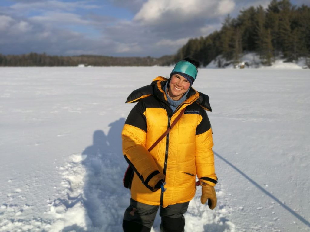 Kie Wearing her Rock and Ice Parka with her Front Point Down Pants from Feathered Friends. 